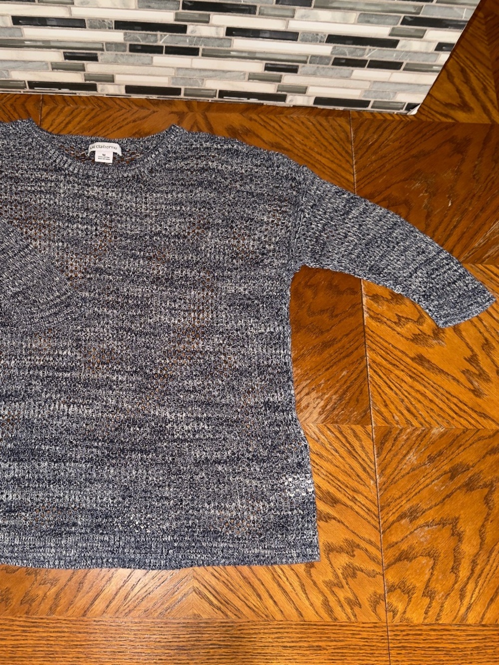 Liz Claiborne Navy White Marled Open Knit Crochet Sweater Top M
